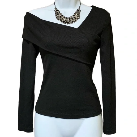 Black Asymmetrical Long Sleeve Stretch Knit Top XS - Picture 1 of 6